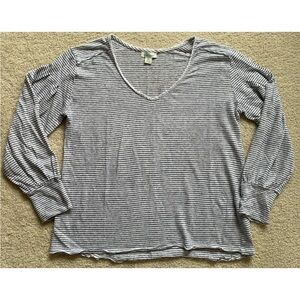 Sundance Mariner Journey Linen Top Womens XS Gray Striped Ballon Sleeve V Neck